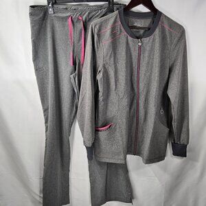 Cherokee Infinity Womens Size Large Zip Front Scrub Top And Pant Set Grey & Pink
